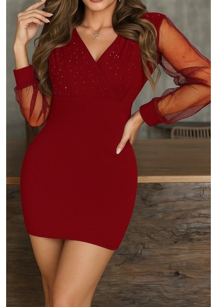 Kadın Uzun Kollu Kruvaze Yakalı Taşlı Mini Ithal Krep Elbise