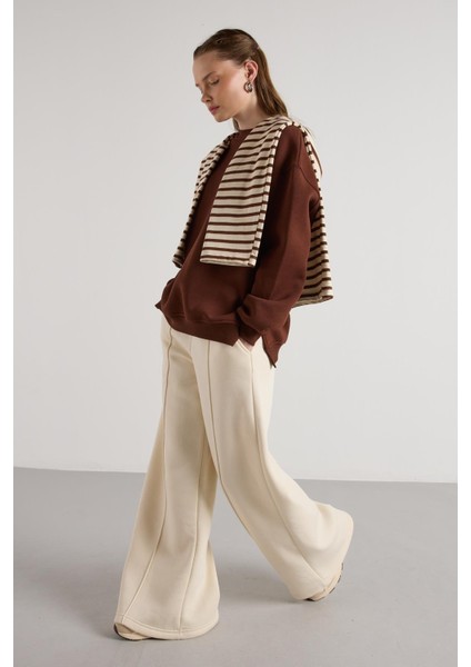 Kadın Kahve Basic Yırtmaçlı Oversize 3 Iplik Şardonlu Sweatshirts 30078