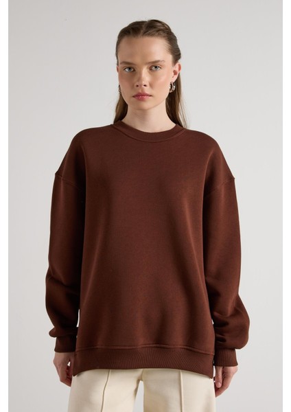 Kadın Kahve Basic Yırtmaçlı Oversize 3 Iplik Şardonlu Sweatshirts 30078 fiyatları