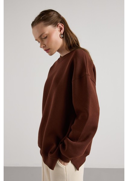 Kadın Kahve Basic Yırtmaçlı Oversize 3 Iplik Şardonlu Sweatshirts 30078 modelleri