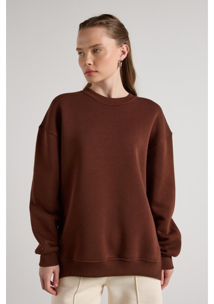 Kadın Kahve Basic Yırtmaçlı Oversize 3 Iplik Şardonlu Sweatshirts 30078