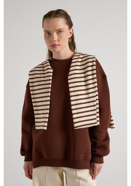 Kadın Kahve Basic Yırtmaçlı Oversize 3 Iplik Şardonlu Sweatshirts 30078