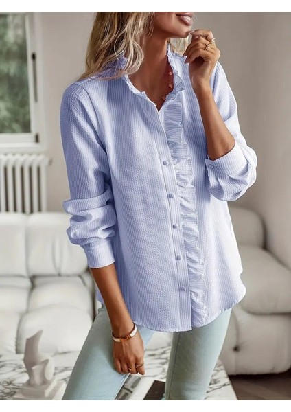 Kadın Uzun Kollu Fırfır Yakalı Önden Düğmeli Çizgili Burgu Gömlek modelleri