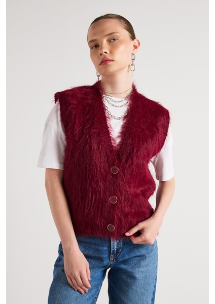 Pelüş Triko Yelek Bordo