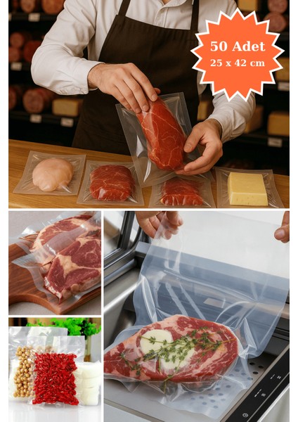 Endüstriyel Vakum Poşet Torba Et Tavuk Peynir Gıdayla Temasa Uygun 155 Mikron Düz 25X42 cm 50 Adet