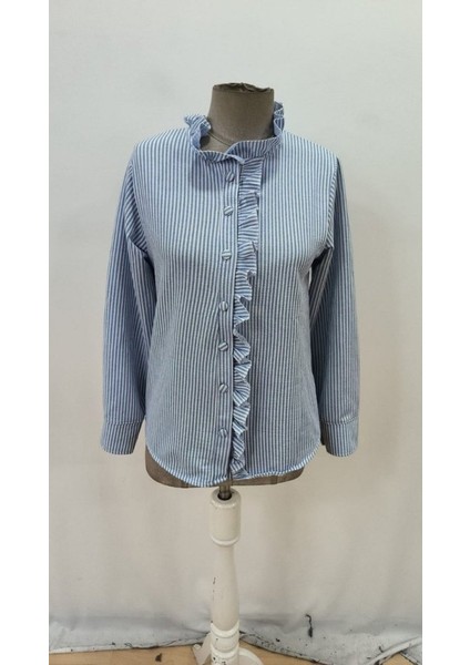 Kadın Uzun Kollu Fırfır Yakalı Önden Düğmeli Çizgili Burgu Gömlek