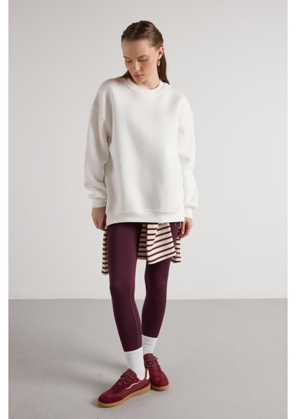 Kadın Ekru Basic Yırtmaçlı Oversize 3 Iplik Şardonlu Sweatshirts 30078