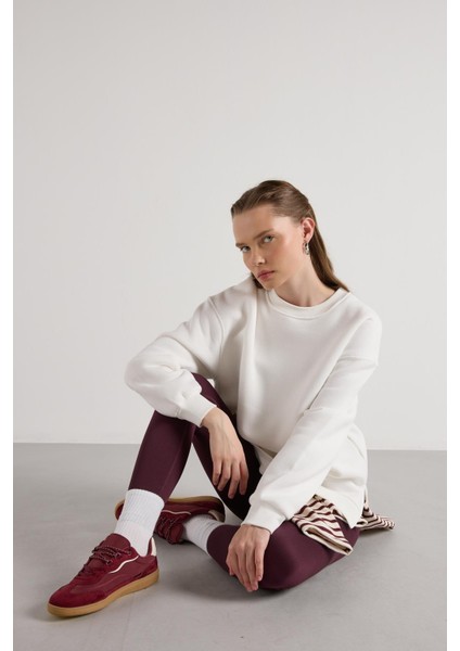 Kadın Ekru Basic Yırtmaçlı Oversize 3 Iplik Şardonlu Sweatshirts 30078