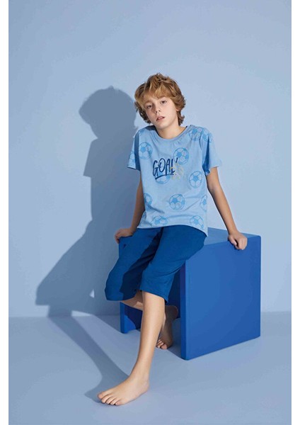 Erkek Çocuk Goal T-Shirt Bermuda Alt Penye Süprem Bisiklet Yaka Orta Kalın Pijama TAKIMI-3938