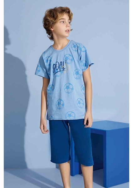 Erkek Çocuk Goal T-Shirt Bermuda Alt Penye Süprem Bisiklet Yaka Orta Kalın Pijama TAKIMI-3938 fiyatları