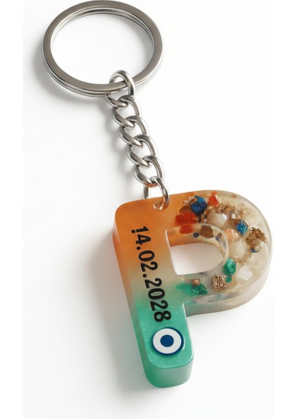 P Harfi - Kişiye Özel - Epoksi Reçine Anahtarlık - El Yapımı - Çelik Tokalı