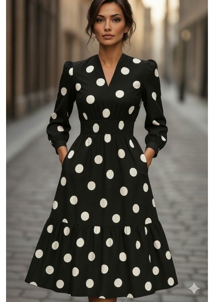 Kadın Uzun Kollu V Yakalı Beli Lastikli Puantiyeli Uzun Krep Elbise