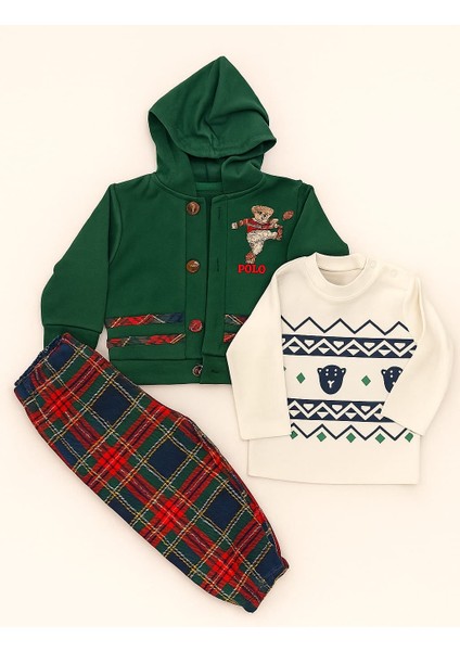 Kr Kıds Erkek Bebek 3’lü Kombin – Yeşil Kapüşonlu Ayıcık Nakışlı Hırka, Baskılı Tişört ve Kareli Pantolon