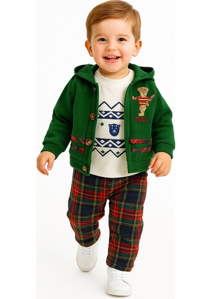 Kr Kıds Erkek Bebek 3’lü Kombin – Yeşil Kapüşonlu Ayıcık Nakışlı Hırka, Baskılı Tişört ve Kareli Pantolon fiyatları