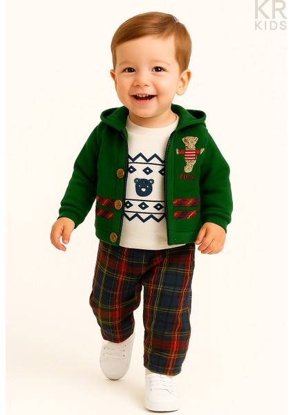 Kr Kıds Erkek Bebek 3’lü Kombin – Yeşil Kapüşonlu Ayıcık Nakışlı Hırka, Baskılı Tişört ve Kareli Pantolon fırsatları