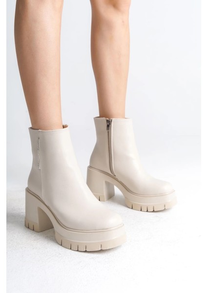 Lısse Fermuarlı Ortopedik Taban Kalın Topuklu Kadın Bot Ckt - Krem