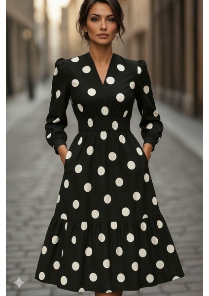Kadın Uzun Kollu V Yakalı Beli Lastikli Puantiyeli Uzun Krep Elbise modelleri