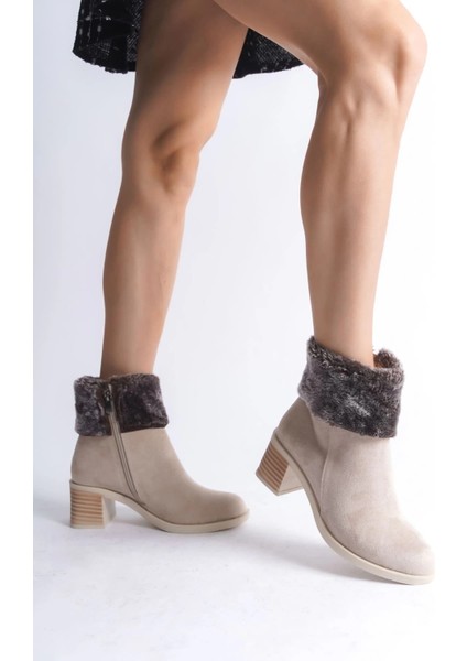 Katya Fermuarlı Ortopedik Taban Topuklu Kürk Detaylı Süet Kadın Bot Stt - Ten fiyatları