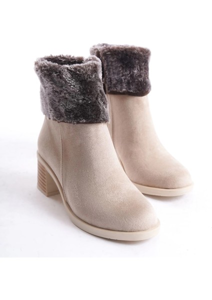 Katya Fermuarlı Ortopedik Taban Topuklu Kürk Detaylı Süet Kadın Bot Stt - Ten indirimleri