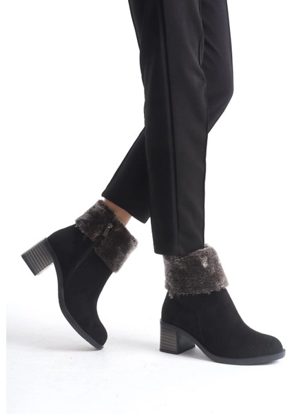 Katya Fermuarlı Ortopedik Taban Topuklu Kürk Detaylı Süet Kadın Bot Sst - Siyah modelleri