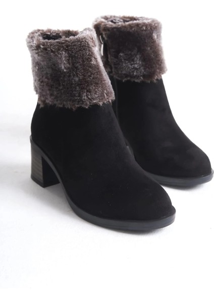 Katya Fermuarlı Ortopedik Taban Topuklu Kürk Detaylı Süet Kadın Bot Sst - Siyah fırsatları