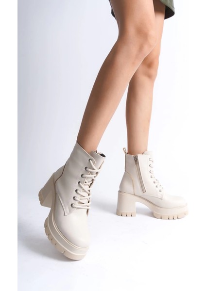 Lauren Bağcıklı Fermuarlı Ortopedik Taban Topuklu Kadın Bot Ckt - Krem fiyatları