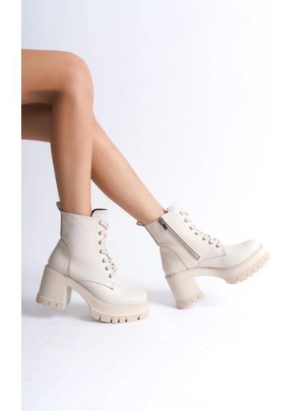 Lauren Bağcıklı Fermuarlı Ortopedik Taban Topuklu Kadın Bot Ckt - Krem fırsatları