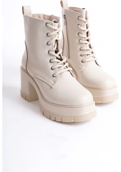 Lauren Bağcıklı Fermuarlı Ortopedik Taban Topuklu Kadın Bot Ckt - Krem indirimleri