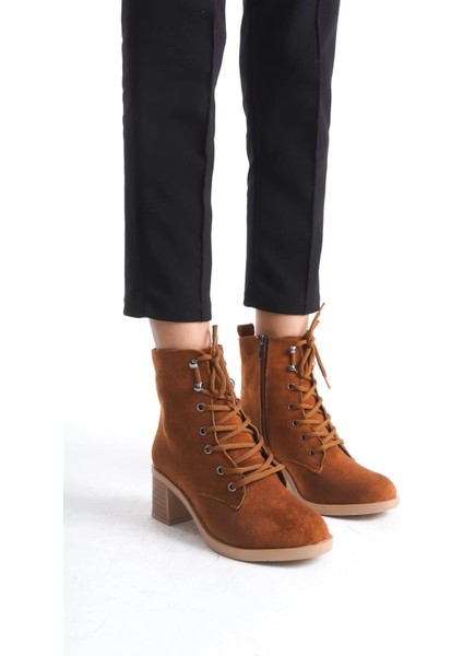 Lena Bağcıklı Fermuarlı Ortopedik Taban Topuklu Süet Kadın Bot Stt - Taba