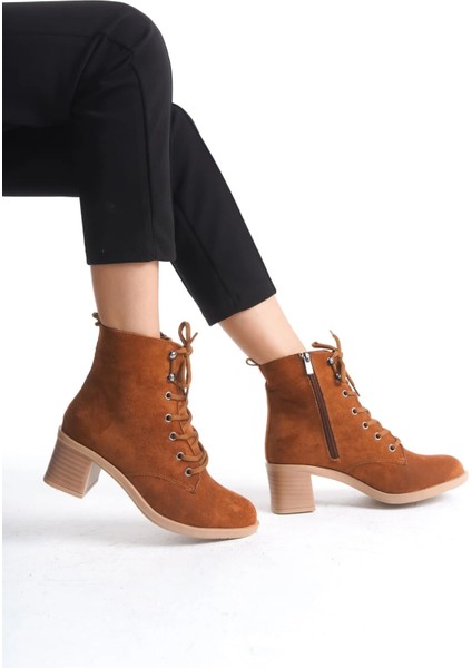 Lena Bağcıklı Fermuarlı Ortopedik Taban Topuklu Süet Kadın Bot Stt - Taba fiyatları