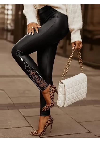 Kadın Yüksek Bel Yandan Yırtmaçlı Dantel Detaylı Deri Tayt modelleri