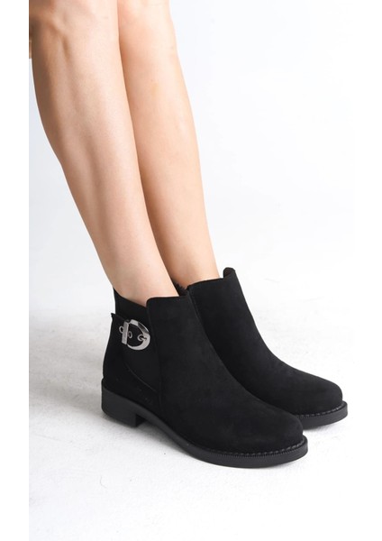 Luna Fermuarlı Lastikli Ortopedik Taban Topuklu Süet Kadın Bot Sst - Siyah