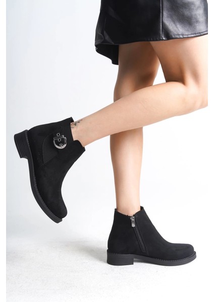 Luna Fermuarlı Lastikli Ortopedik Taban Topuklu Süet Kadın Bot Sst - Siyah modelleri