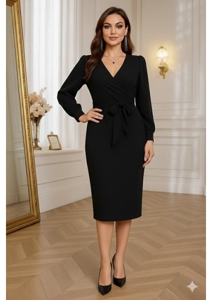 Kadın Uzun Kollu Kruvaze Yaka Belden Kuşaklı Midi Ithal Krep Elbise