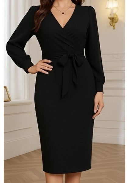 Kadın Uzun Kollu Kruvaze Yaka Belden Kuşaklı Midi Ithal Krep Elbise fiyatları