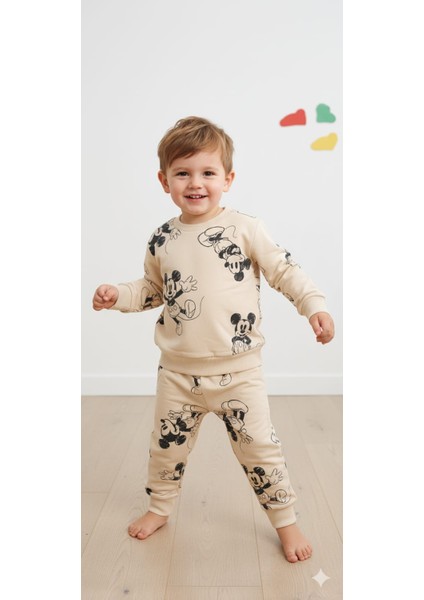 Kr Kıds Unisex Çocuk 2’li Takım – Mickey Desenli Bej Sweatshirt ve Eşofman Altı (1-6 Yaş)