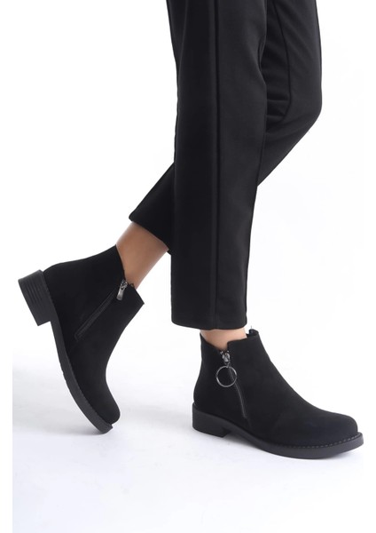 Margaret Fermuarlı Ortopedik Taban Topuklu Süet Kadın Bot Sst - Siyah