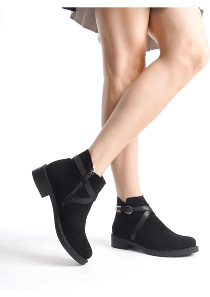 Almıla Fermuarlı Lastikli Ortopedik Taban Topuklu Süet Kadın Bot Sst - Siyah modelleri