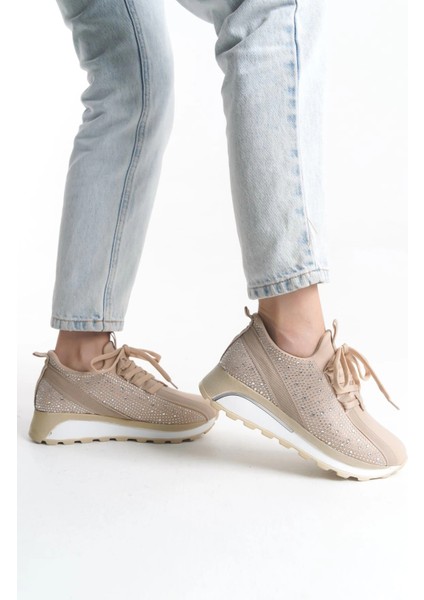 Alya Bağcıklı Ortopedik Taban Taşlı Kadın Sneaker Spor Ayakkabı Cbt - Krem modelleri