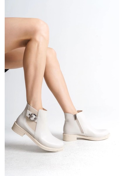 Luna Fermuarlı Lastikli Ortopedik Taban Topuklu Kadın Bot Ckt - Krem