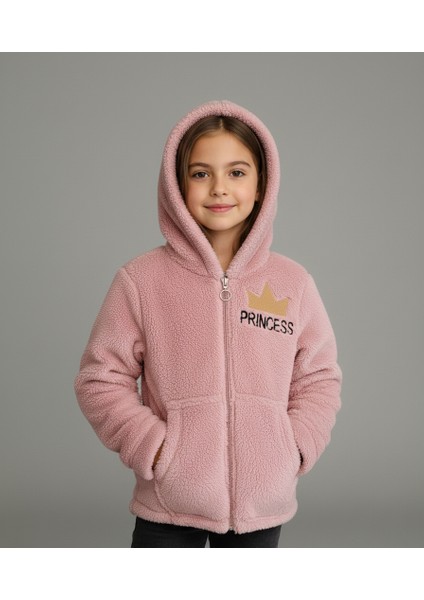 Princess Yazılı Taç Nakışlı Gül Kurusu Pelüş Kapüşonlu Kız Çocuk Hırka