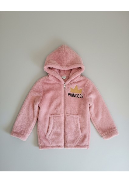 Princess Yazılı Taç Nakışlı Gül Kurusu Pelüş Kapüşonlu Kız Çocuk Hırka fiyatları