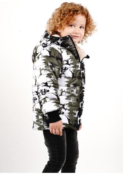 Erkek Çocuk Su ve Rüzgar Geçirmez Dijital Baskılı Içi Wersoftlu Kapşonlu Mont