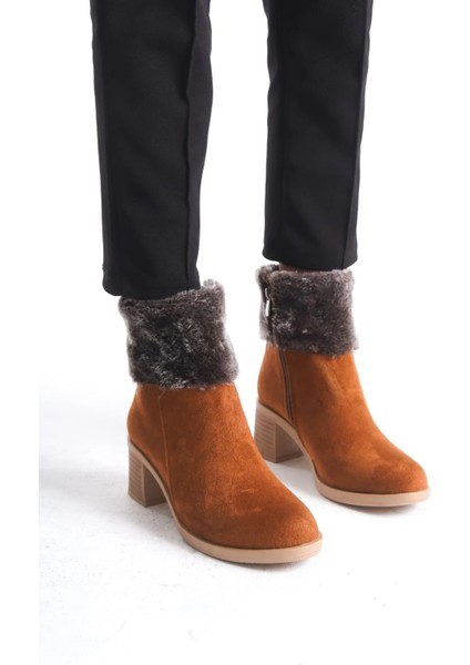 Katya Fermuarlı Ortopedik Taban Topuklu Kürk Detaylı Süet Kadın Bot Stt - Taba