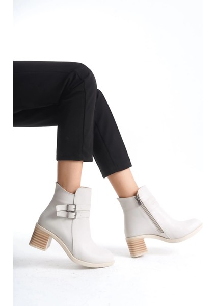 Noemı Tokalı Fermuarlı Ortopedik Taban Topuklu Kadın Bot Ckt - Krem fiyatları