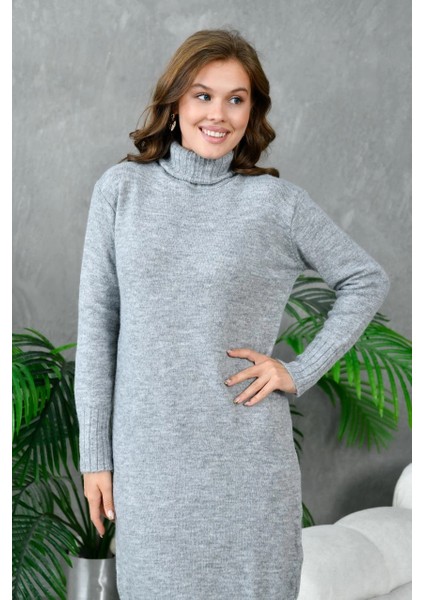 Kadın Elbise Boyunlu Diz Altı Örme Elbise Gri - 227067 modelleri