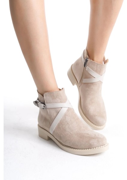 Almıla Fermuarlı Lastikli Ortopedik Taban Topuklu Süet Kadın Bot Stt - Ten