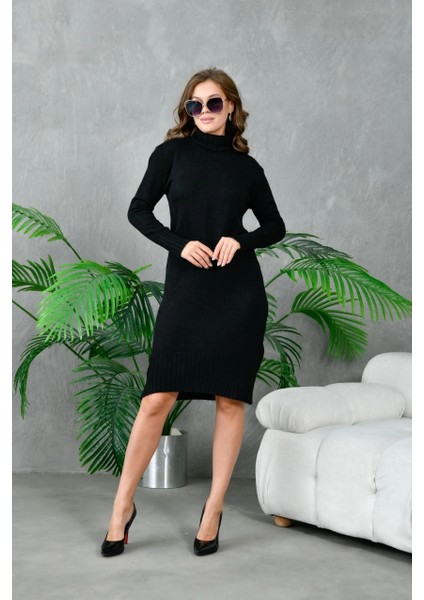 Kadın Elbise Boyunlu Diz Altı Örme Elbise Siyah - 227067