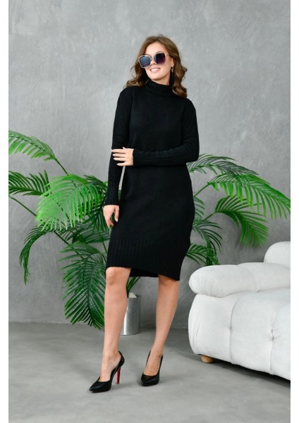 Kadın Elbise Boyunlu Diz Altı Örme Elbise Siyah - 227067 modelleri