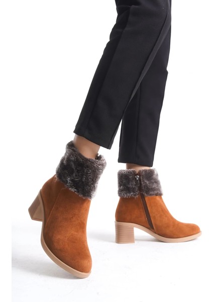 Katya Fermuarlı Ortopedik Taban Topuklu Kürk Detaylı Süet Kadın Bot Stt - Taba fiyatları